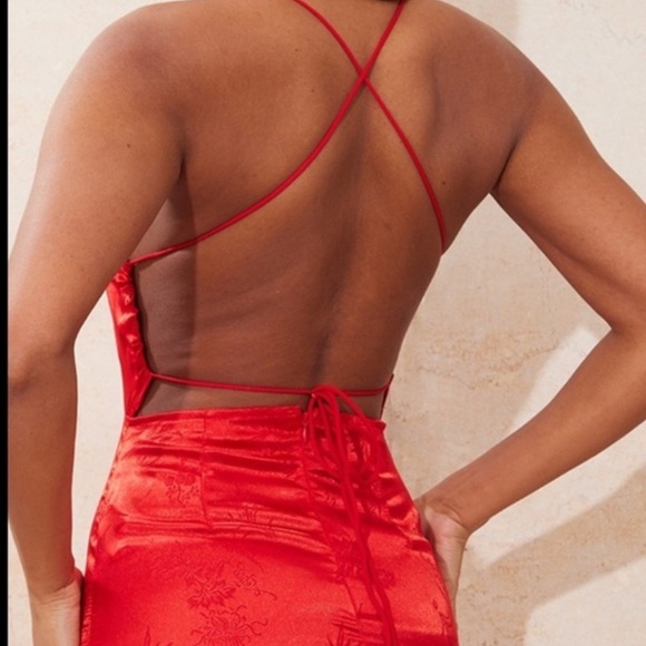 PLT Red Satin Mixed print Lace Up Back Bodycon Dress - Picture 3 of 7
